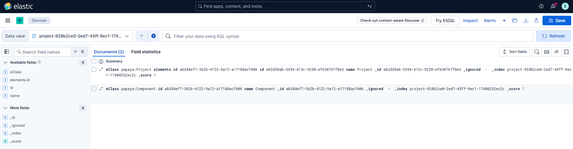 Discover view in Elasticsearch