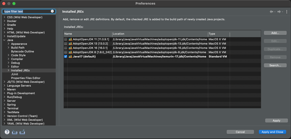 Check installed JRE in Spring Tool Suite