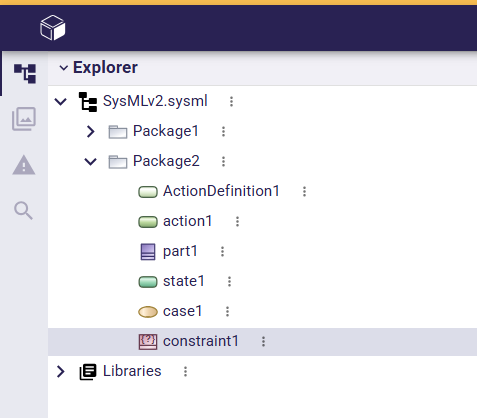 New icons for ActionDefinition; ActionUsage; PartUsage; StateUsage; CaseUsage and ConstraintUsage explorer items