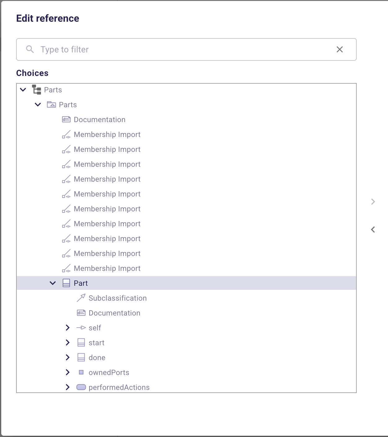 Reference Widget model-browser dialog with filters