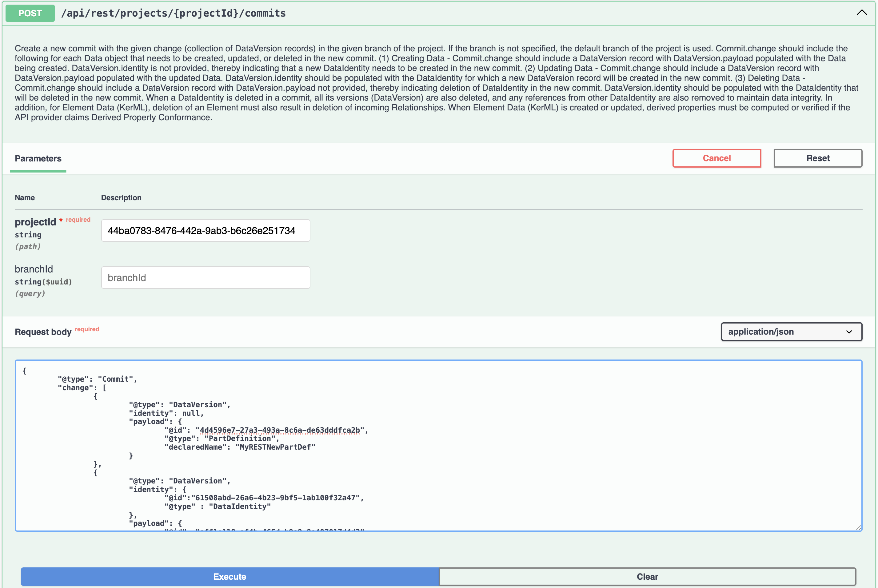 Swagger UI POST commit request