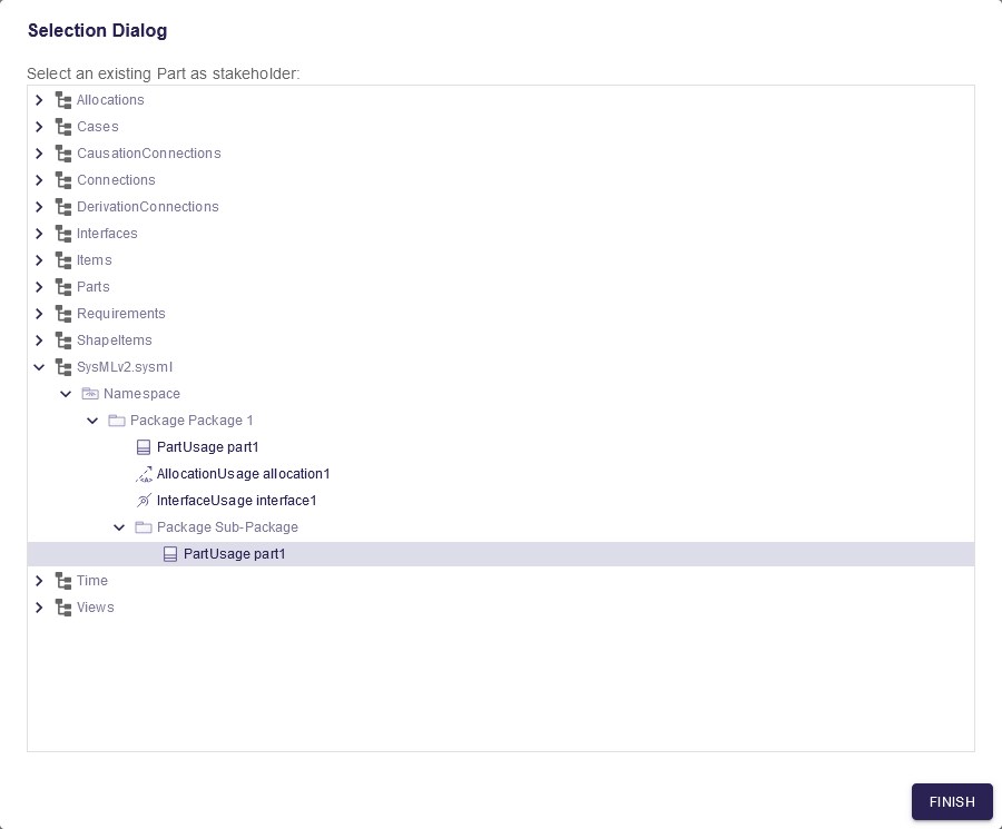 stakeholder creation tool selection dialog tree