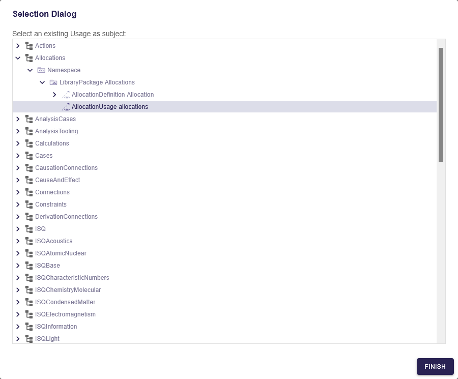 subject creation tool selection dialog tree
