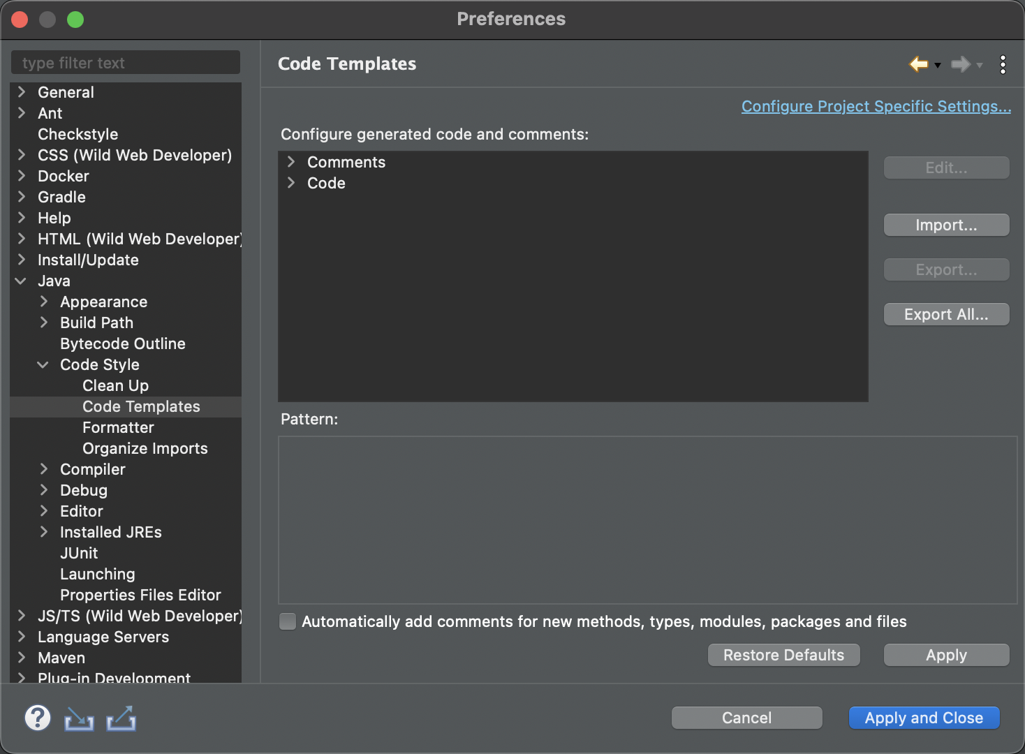 Configure Code Templates