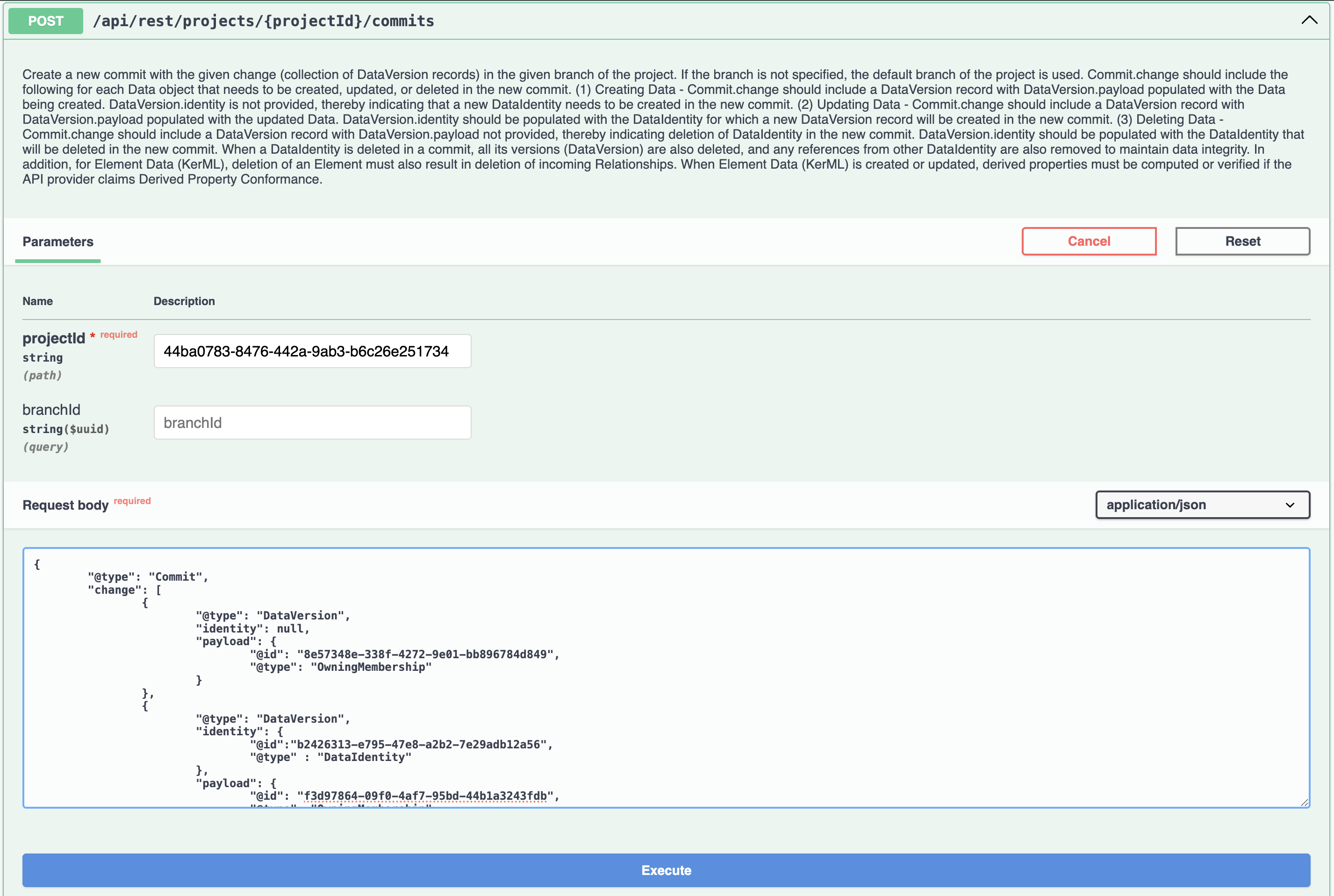 Swagger UI POST commit request