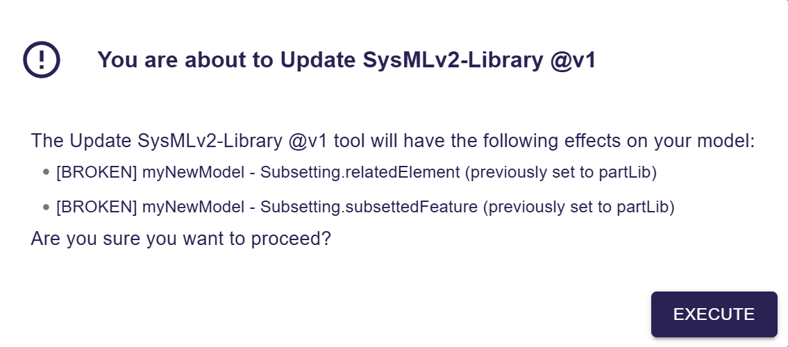 Dialog showing the impact analysis report of the 'Update library' action