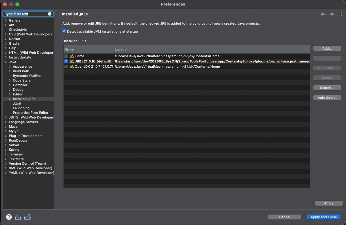 Check installed JRE in Spring Tool Suite