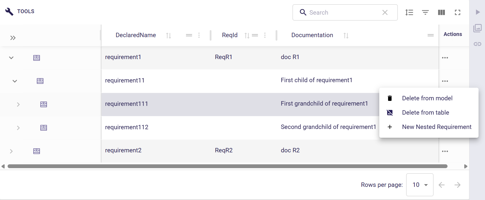 New sub-requirement in row action menu