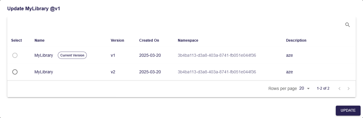 Dialog for the 'Update library' action